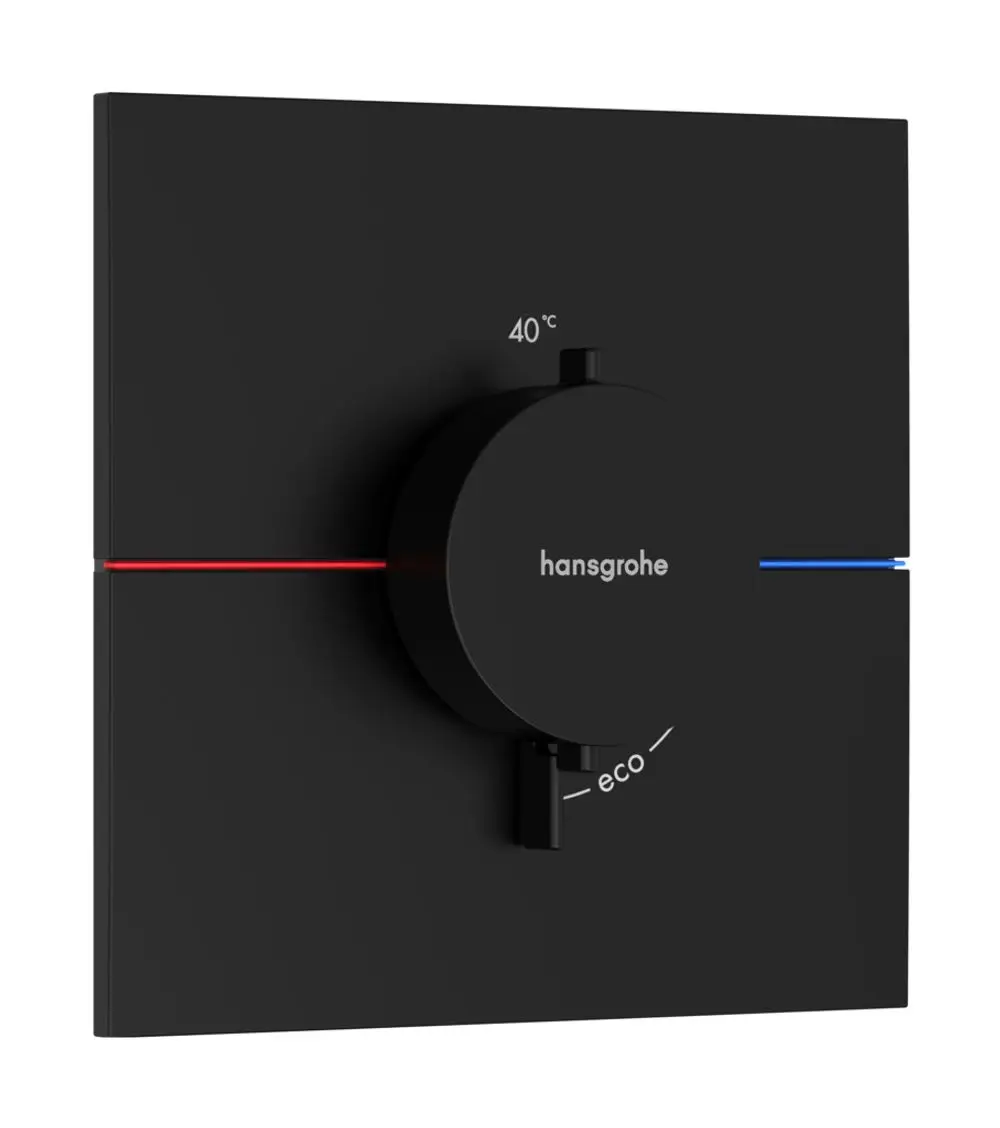 Thermostat in mattschwarz von Hansgrohe mit einem runden Drehregler in der Mitte. Anzeigebereich für Temperatur und Eco-Funktion in roter und blauer Linie.
